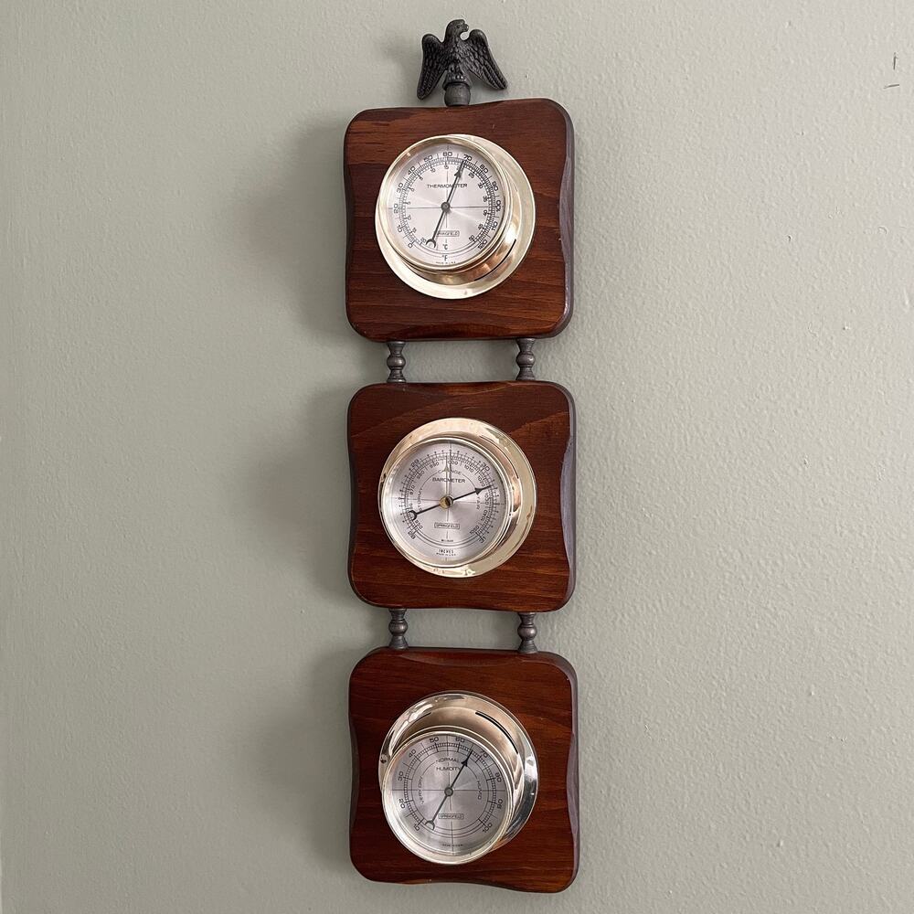Vintage Springfield Wood Weather Station Barometer Thermometer Eagle Finial 18"